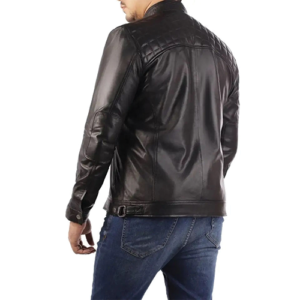 Back view of the Men Black Leather Jacket with Buckle Collar showing a leather jacket back quilted panel across the shoulders.