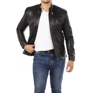 Full front view of the Men Black Leather Jacket with Buckle Collar in a black leather jacket full front styling with jeans.