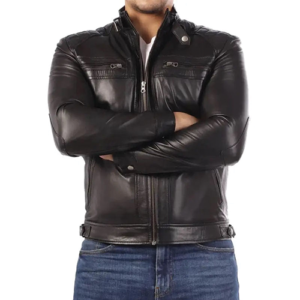Men Black Leather Biker Jacket with a snap-button stand collar and dual chest zip pockets, styled over a white tee.