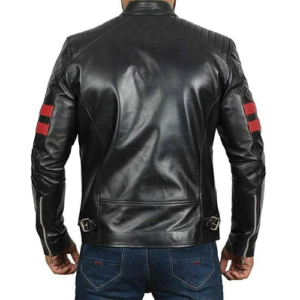 Back view of the Men's Black Leather Jacket with Red Stripes showing a leather jacket back view red stripes with matching sleeve accents.