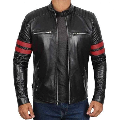 Men's Black Leather Jacket with Red Stripes featuring quilted shoulder panels and red sleeve stripe accents.
