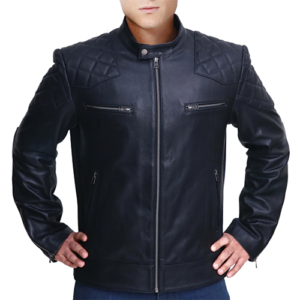 Man wearing black leather biker jacket with diamond quilted shoulders and zip pockets by Leather and Kids