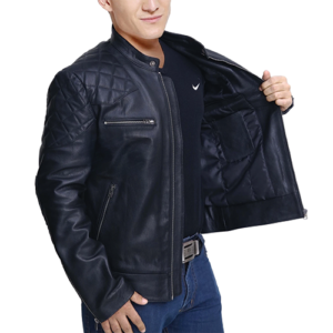 Man showing black leather biker jacket interior lining with quilted panel and inner pocket by Leather and Kids