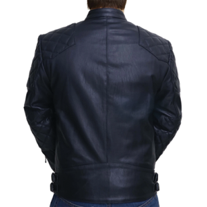 Back view of men's navy blue leather biker jacket with quilted shoulders and buckle straps by Leather and Kids