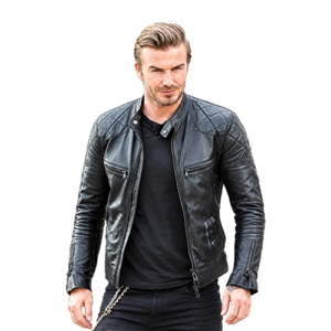 Man wearing black leather biker jacket with quilted shoulders and chain zip pulls by Leather and Kids