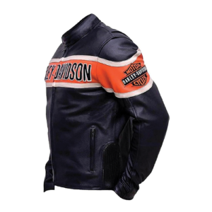 Side profile view of the Men Black and Orange Racing Leather Jacket showing a racing jacket side profile with ribbed underarm gusset.