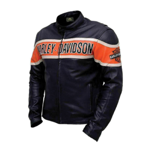 Men Black and Orange Racing Leather Jacket featuring a contrast racing stripe across the chest and a snap-button mandarin collar.