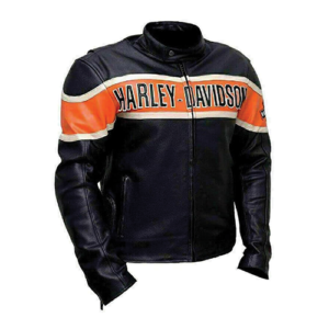 Angled front view of the Men Black and Orange Racing Leather Jacket showing a racing jacket angled front view with stand-up collar.