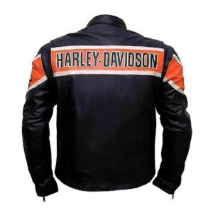 Back view of the Men Black and Orange Racing Leather Jacket showing a racing jacket back branded stripe across the shoulders.