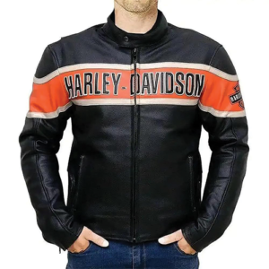 Man wearing the Men Black and Orange Racing Leather Jacket in a racing jacket worn front pose with hands in pockets.