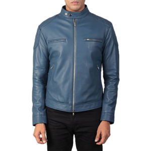 Man wearing blue leather biker jacket front view with zip pockets by Leather and Kids