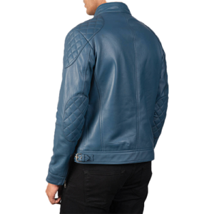 Back view of men's blue leather biker jacket with quilted shoulder and elbow panels by Leather and Kids