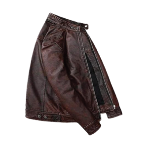 Men's Brown Distressed Leather Biker Jacket open at the front showing leather jacket interior lining detail and patterned inner lining.