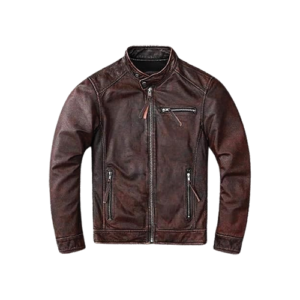 Brown leather jacket three-quarter view of the Men's Brown Distressed Leather Biker Jacket showing quilted shoulder detail and layered panel stitching.
