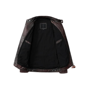 Men's Brown Distressed Leather Biker Jacket shown fully open for a leather jacket full lining view with quilted interior padding.