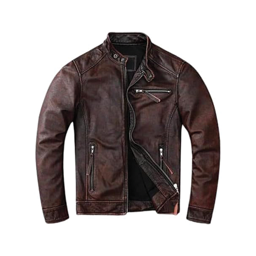Men's Brown Distressed Leather Biker Jacket featuring an asymmetric zip front and snap-button stand collar.
