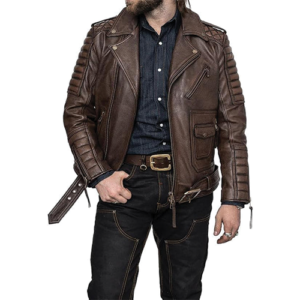 Man wearing brown leather biker jacket with quilted panels and belt straps by Leather and Kids