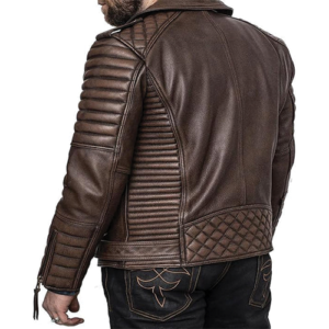 Back view of men's brown leather biker jacket with quilted shoulders and diamond waist panel by Leather and Kids