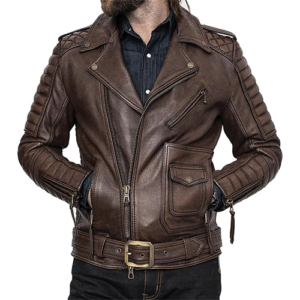 Man wearing brown leather biker jacket with quilted shoulders and buckle belt by Leather and Kids