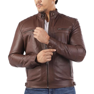 Close-up of the Men's Brown Leather Biker Jacket showing a leather jacket zipper close-up with a hand adjusting the zip pull.