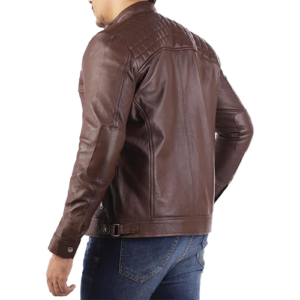 Back view of the Men's Brown Leather Biker Jacket showing leather biker jacket back styling with a smooth panel and fitted taper.