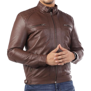 Men's Brown Leather Biker Jacket featuring a plaid-lined stand collar and quilted shoulder panels.
