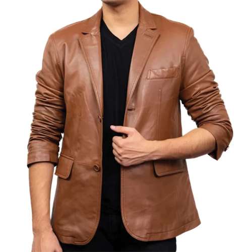 Side angle view of the Men's Brown Leather Blazer showing the leather blazer side angle fit and open front drape.