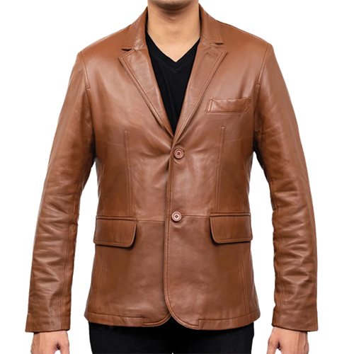 Men's Brown Leather Blazer with a notch lapel collar and two-button closure, styled over a black shirt.