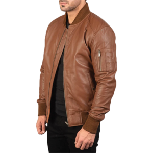 Man wearing tan brown leather bomber jacket with ribbed collar and sleeve pocket by Leather and Kids
