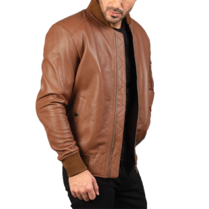 Man wearing tan brown leather bomber jacket open front with sleeve pocket by Leather and Kids