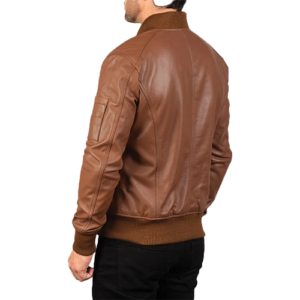 Back view of men's tan brown leather bomber jacket with sleeve pocket by Leather and Kids