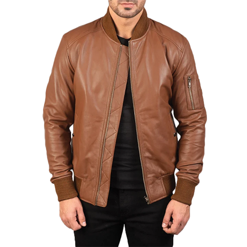 Man wearing tan brown leather bomber jacket front view with sleeve zip pocket by Leather and Kids