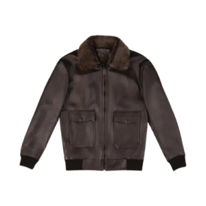 Men's dark brown leather bomber jacket with fur collar and flap pockets by Leather and Kids