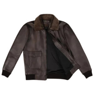 Men's dark brown leather bomber jacket open front with fur collar by Leather and Kids