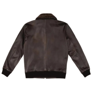 Back view of men's dark brown leather bomber jacket with fur collar and ribbed hem by Leather and Kids