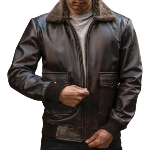 Man wearing dark brown leather bomber jacket with fur collar and flap pockets by Leather and Kids