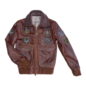 Men's brown leather bomber jacket with fur collar and embroidered patches by Leather and Kids