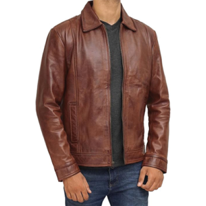 Man wearing brown leather shirt-collar jacket with slit pockets by Leather and Kids
