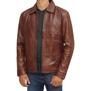 Man wearing brown leather shirt-collar jacket front view by Leather and Kids