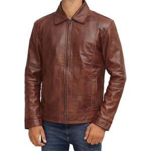 Man wearing brown leather shirt-collar jacket fully zipped by Leather and Kids