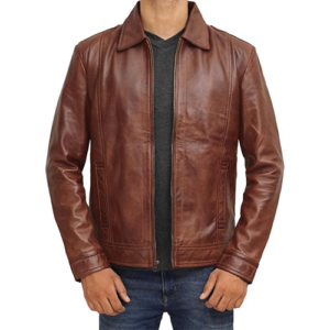 Man wearing open brown leather shirt-collar jacket close-up front view by Leather and Kids