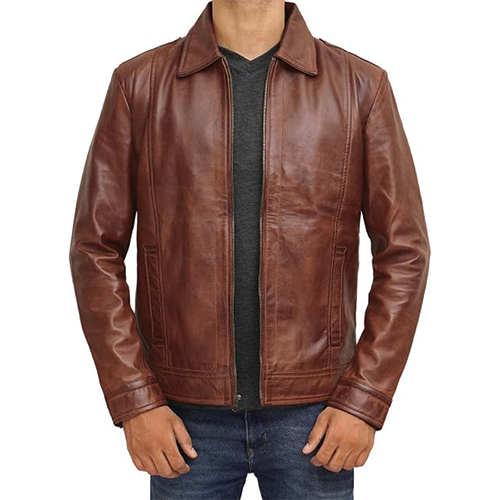 Brown Leather Shirt Collar Jacket Close-Up – Leather and Kids Man wearing open brown leather shirt-collar jacket close-up front view by Leather and Kids