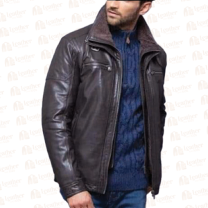 Man wearing brown leather jacket with fur collar over blue cable knit sweater by Leather and Kids