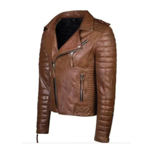 Men's brown leather biker jacket with quilted panels and asymmetric zip by Leather and Kids
