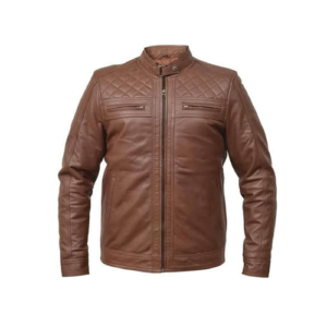 Men's brown leather cafe racer jacket with diamond quilted shoulders by Leather and Kids