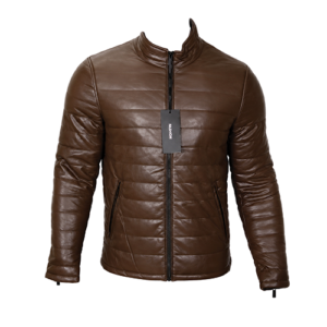 Men's brown quilted leather puffer jacket with high collar by Leather and Kids