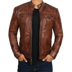Men's Brown Vintage Leather Biker Jacket with a snap-button collar and chest zip pockets, styled over a black tee.