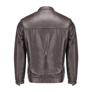 Back view of men's dark brown leather biker jacket with panel stitching by Leather and Kids