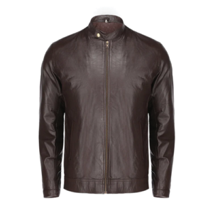 Men's dark brown leather biker jacket with snap collar and zip closure by Leather and Kids