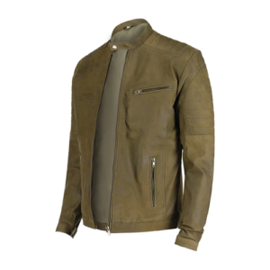 Men's olive green leather biker jacket with snap collar and ribbed shoulder panels by Leather and Kids